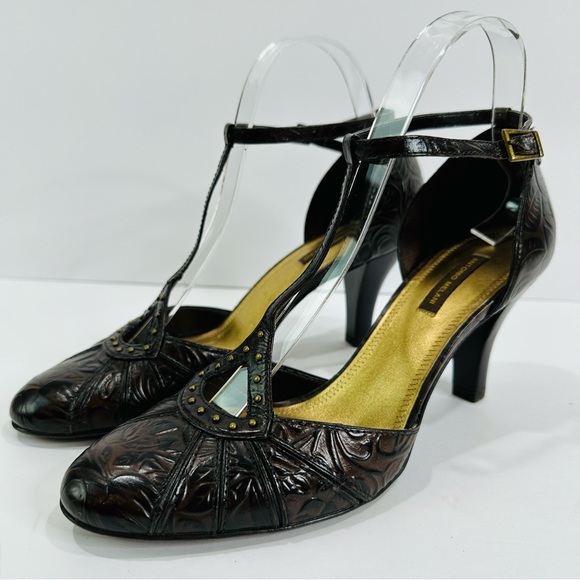 ANTONIO MELANI Shoes - ANTONIO MELANI BROWN LEATHER EMBOSSED SIZE 8.5 GREAT COND 3” STRAPPY HEELS